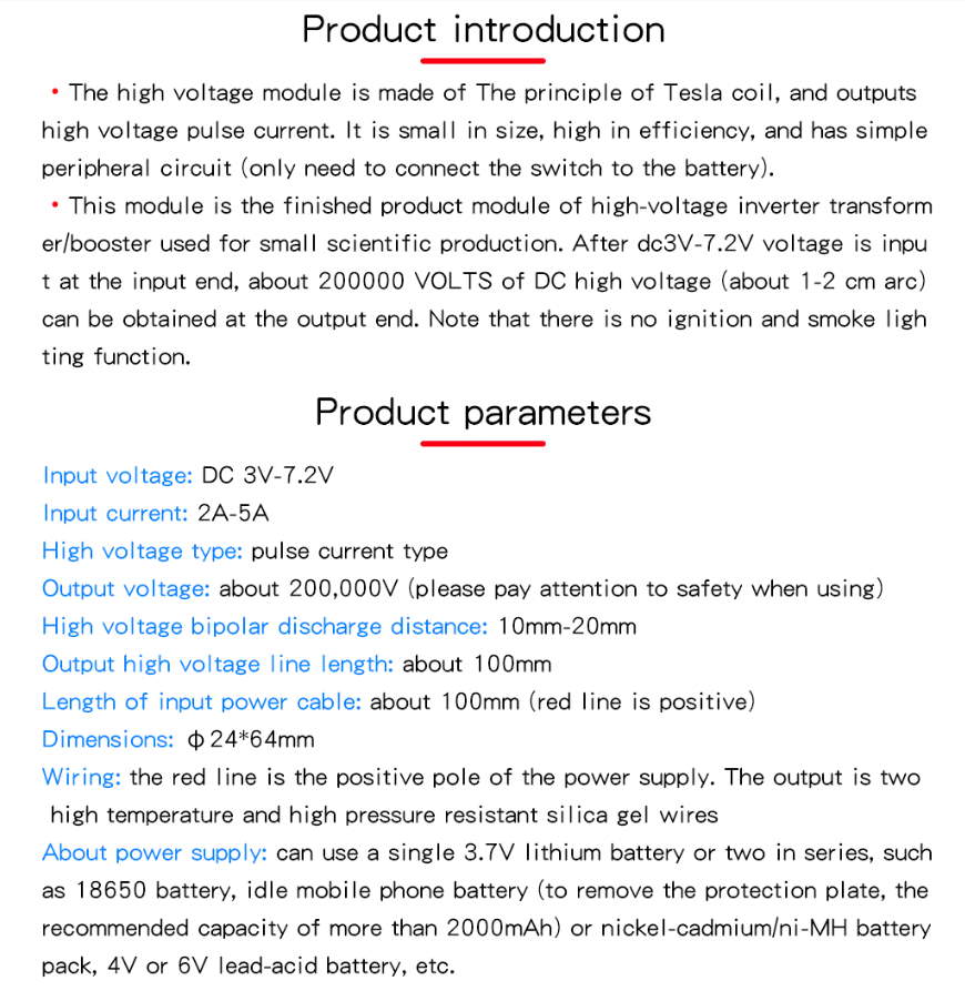 400KV High Voltage Generator (Arc Pulse Igniter; Step Up Booster; DC 3V-6V)