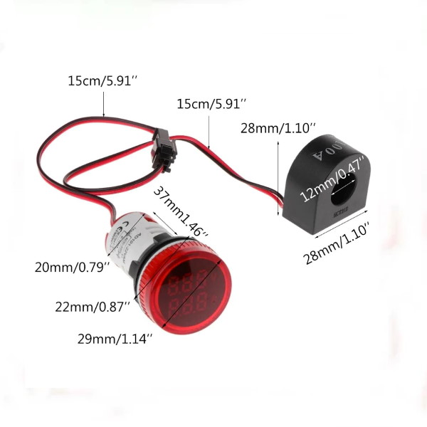 Digital Amp Meter (Ammeter, AC 220V 2A-100A, 22mm, RED)