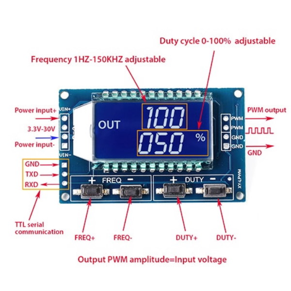 PWM Signal Generator with Display Screen (3.3 - 15V, 1Hz – 150 KHz, 30 mA)