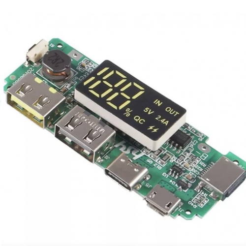 Lithium Charger Powerbank Module + Display (5V, 2.4A, Type-C/Micro/Lightning/Usb)