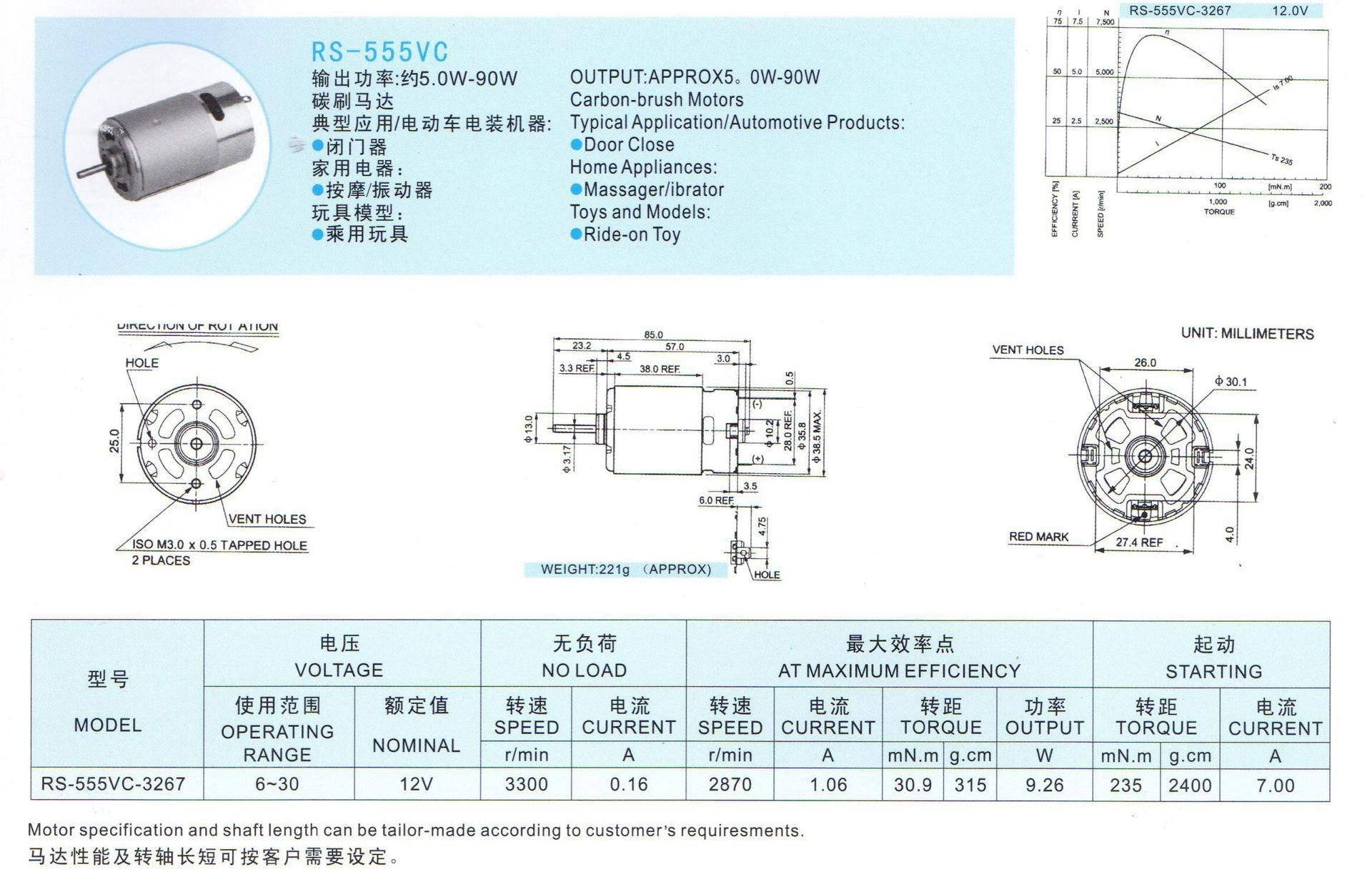 RS555 12V DC Motor (ZH555, 12V, 3300RPM )